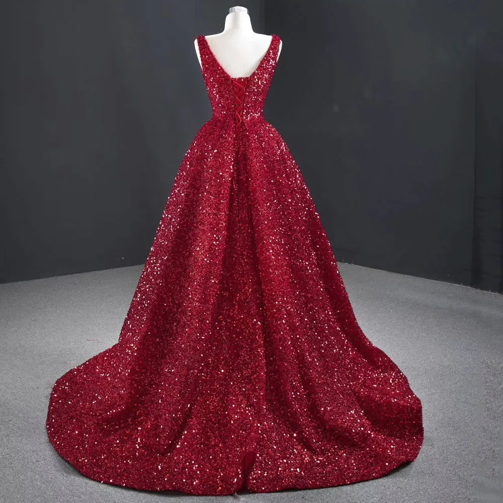 Glamorous Red Sequin High And Low Evening Gowns For Women Elegant Long Luxury V-neck 2022 Party Dress  Dubai