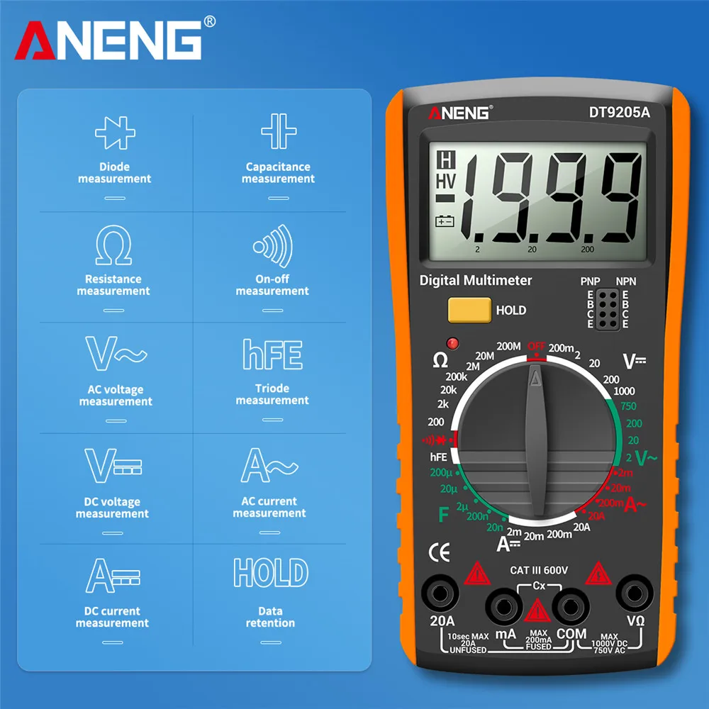 มัลติมิเตอร์แบบดิจิตอล Professional Ic TesterAC/DC เครื่องทดสอบ HFE Ohm ความจุ Testert เครื่องมือ DT9205A