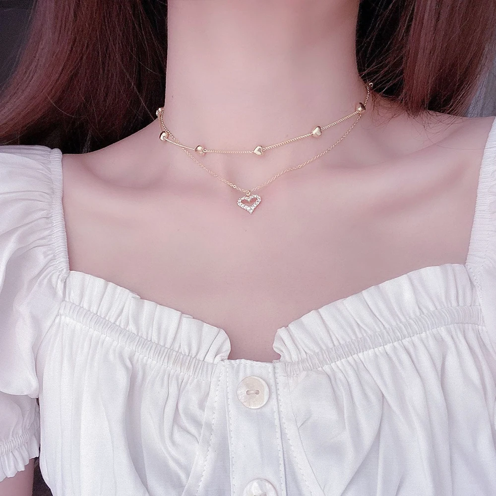 14k Real Gold Double layer Heart Necklace Shining Bling AAA Zircon Women Clavicle Chain Elegant Charm Wedding Pendant Jewelry