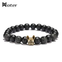 Noter New French Bulldog Bracelet Men Vintage Copper Beaded Braclet Natural Onyx Lava Stone Braslet Erkek Bileklik Pulseras