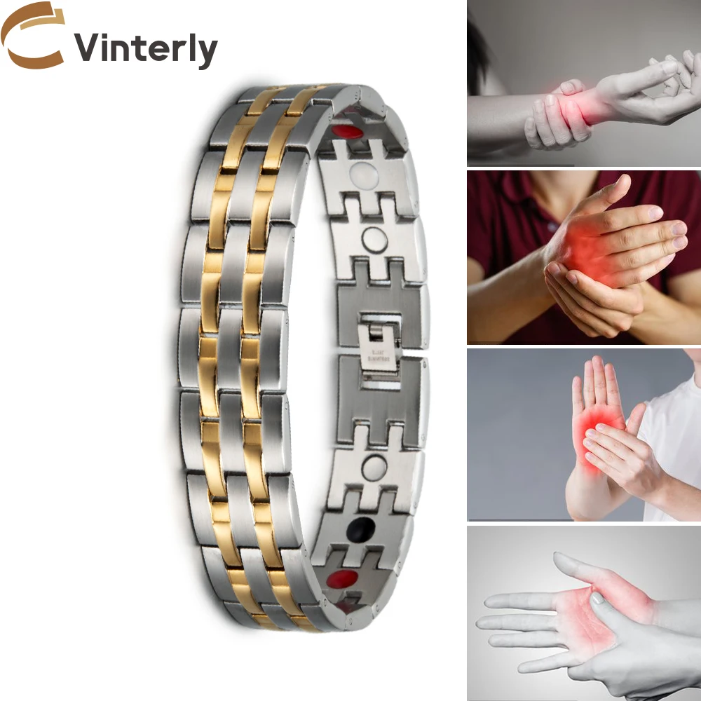 Vinterly Magnetic Bracelet Male Gold-color Stainless Steel Magnetic Bracelet Energy Health Wristband Magnetic Mens Bracelets