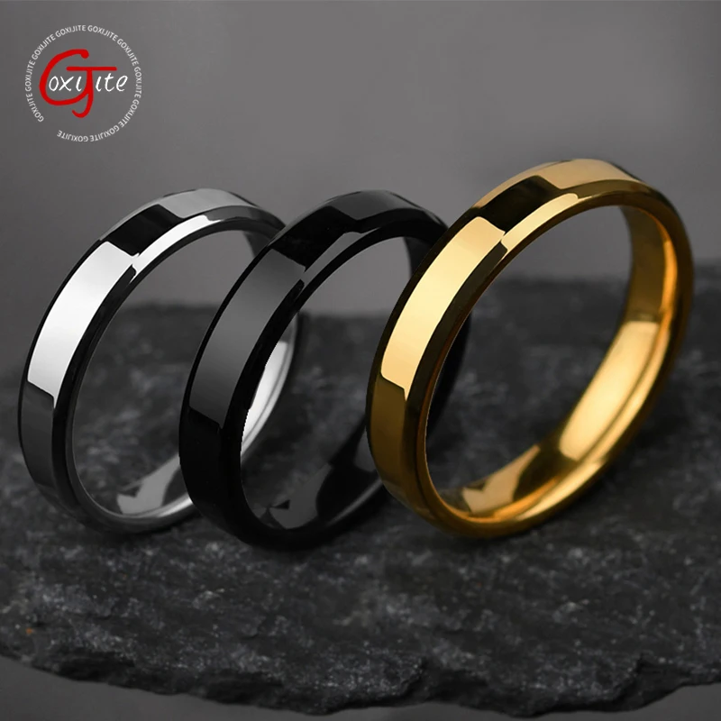 Goxijite Hot Sale Sample Stainless Steel Glossy Ring For Women Men 4mm Wide Bevel Edge Light Plate Rings Lover Jewelry Gifts