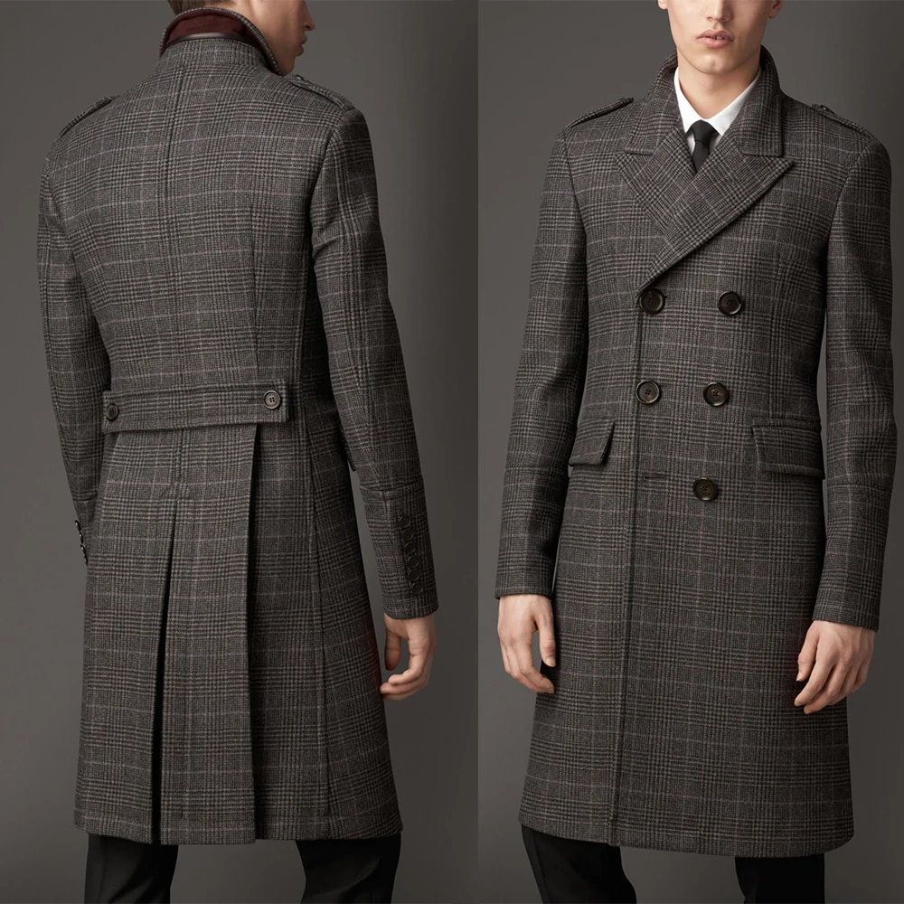 Double Breasted Mens Woolen Overcoats Long Jacket Check Plaid Groom Party Prom Tuxedos Coat Business Wear Outfit One Suit