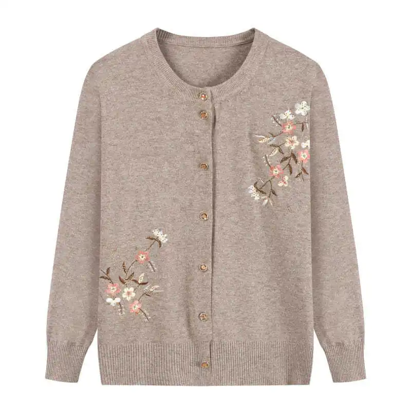 Spring Autumn Thin Knit Cardigan Jackets Grandma Embroidered Long Sleeve Sweater Outerwear Plus Size Short All-match Women's Top