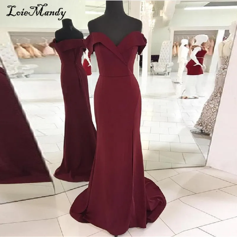 Side Slit Mermaid Bridesmaid Dresses Long Elegant Backless Wedding Party Dress 2022 Off Shoulder Burgundy Maid of Honor Gowns