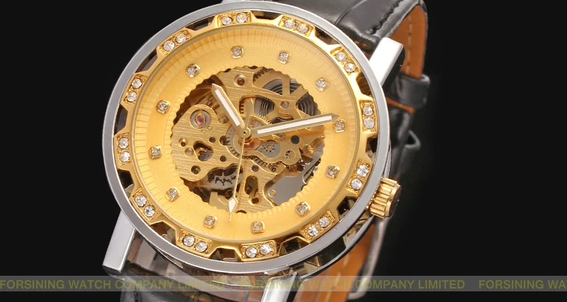 Forsining Mode Trend Mannen En Vrouwen Gold Hollow Dial Ontwerp Zwarte Lederen Band Automatische Mechanische Polshorloge