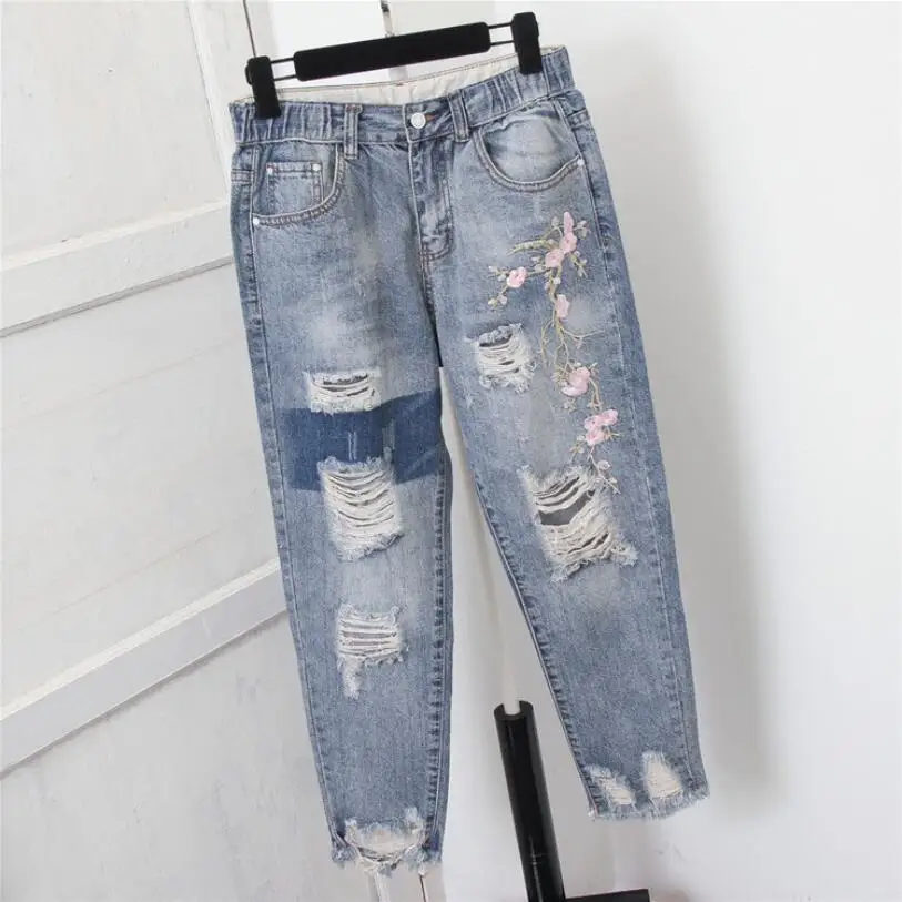 

Womens Jeans Loose Vintage Denim Harem Pants Plus Size Flower Embroidered Hole Ankle Length Pantalon Mezclilla Mujer w2589