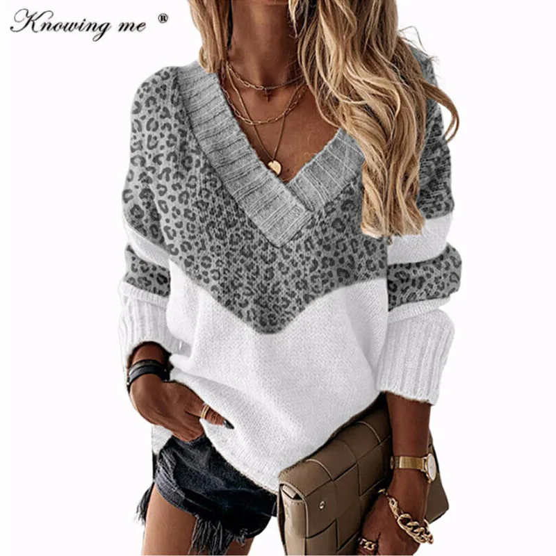 Otoño leopardo Patchwork suéter de punto mujeres sexy cuello en V manga larga kintwear elegante invierno Jersey suelto suéteres puentes