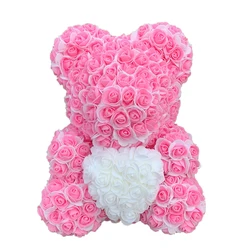 Ourson en Roses Artificielles pour Femme, Ours en Peluche, Fleur, Coeur, Mariage, Anniversaire, Noël, Double Document, 25 cm, 40cm