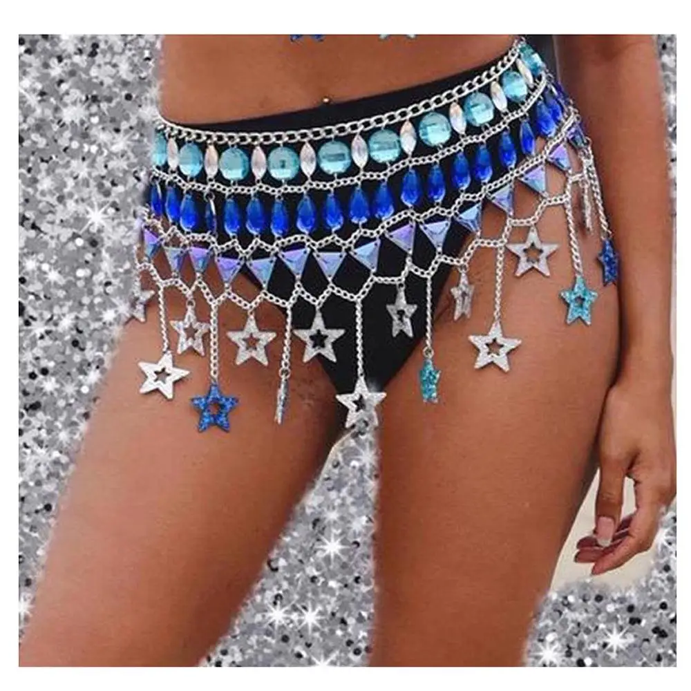 New Boho Skirt Crystal Tassel Sequins Waist Belt Beach Bikini Dance Body Chain Metal Cage Pentagram Gypsy Girl Harness Adjust