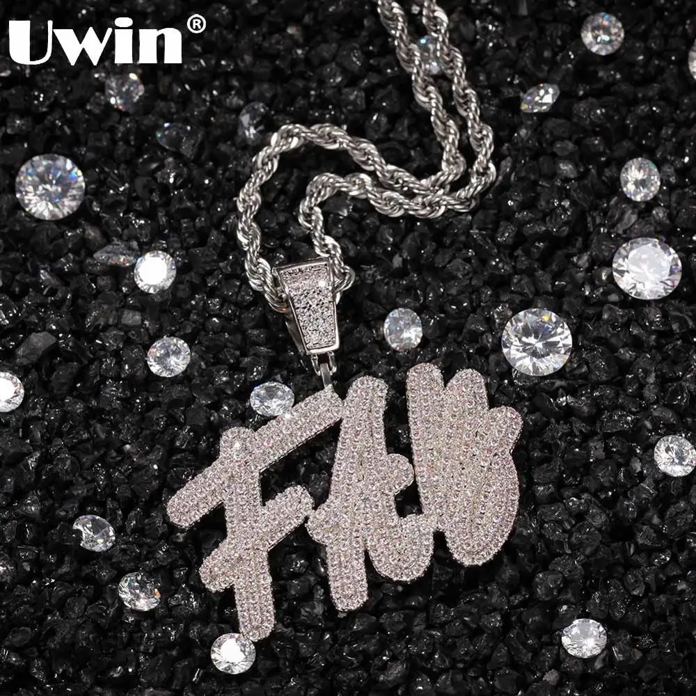 UWIN Hiphop Jewelry Cursive Writing Name Necklace Initial Letters Pendant Full Iced Words Necklace Cubic Zirconia Jewelry Chain