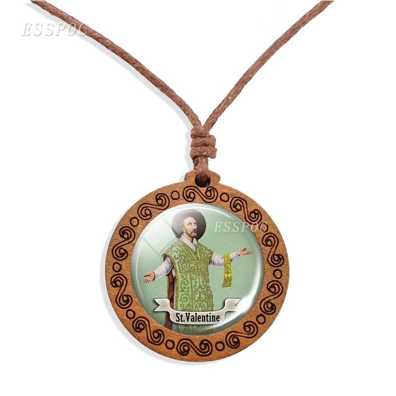 Christian Saint Jewelry St Michael St.therese Glass Cabochon Wooden Pendant Necklace Retro Adjustable Rope Chain Necklaces Gifts