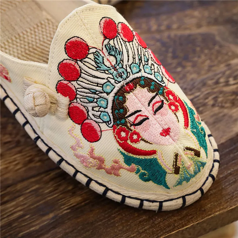 Veowalk Old Beijing Embroidery Women Canvas Flat Mules Summer Ladies Casual Comfortable Close Toe Slippers Espadrilles Shoes