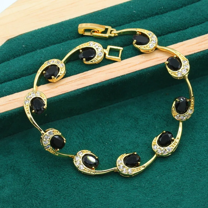 New Arrivals Gold Color Pearl Jewelry Set for Women Black Zircon Bracelet Earrings Necklace Pendant Ring  Wedding Gift