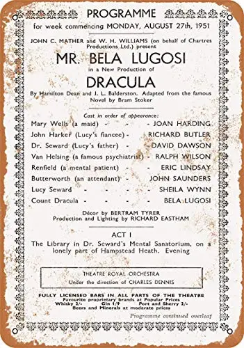 

1951 Bela Lugosi As Dracula in London Wall Poster Tin Sign Vintage BBQ Restaurant Dinner Room Cafe Shop Decor