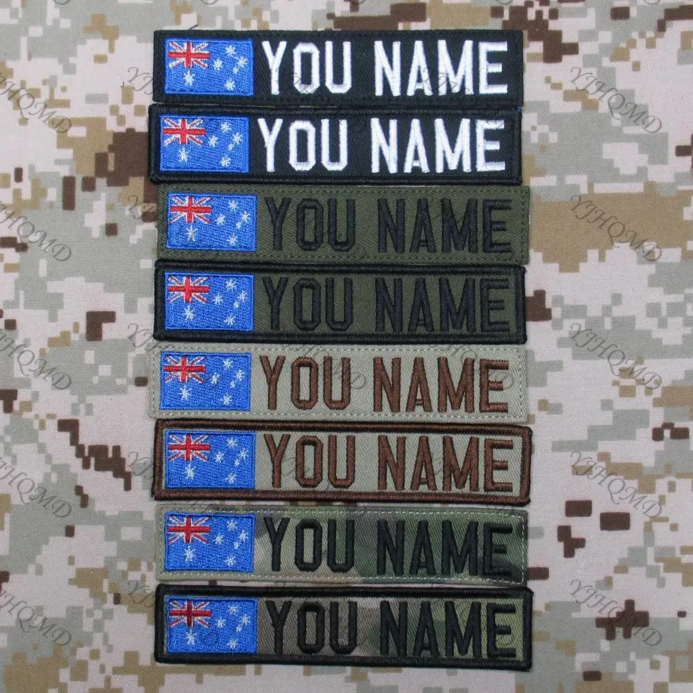 

Australia Flag Custom Name Tape Patch, Hook and Loop Embroidery, Multicam Green ACU Black Tan