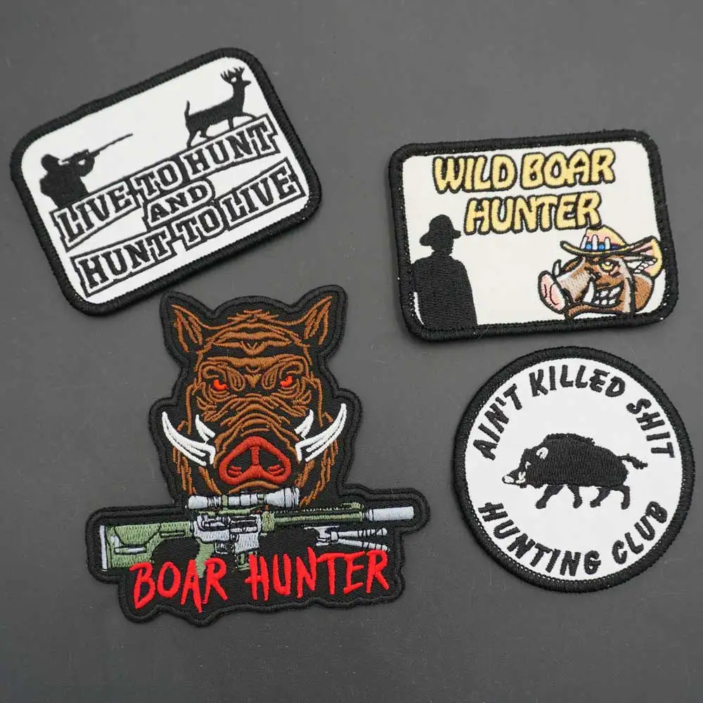 Wild Boar Deer Hunter Hunting Embroidery Patches Merrow Border Hook&Loop Backing Badge for Clothes Hat Accessories