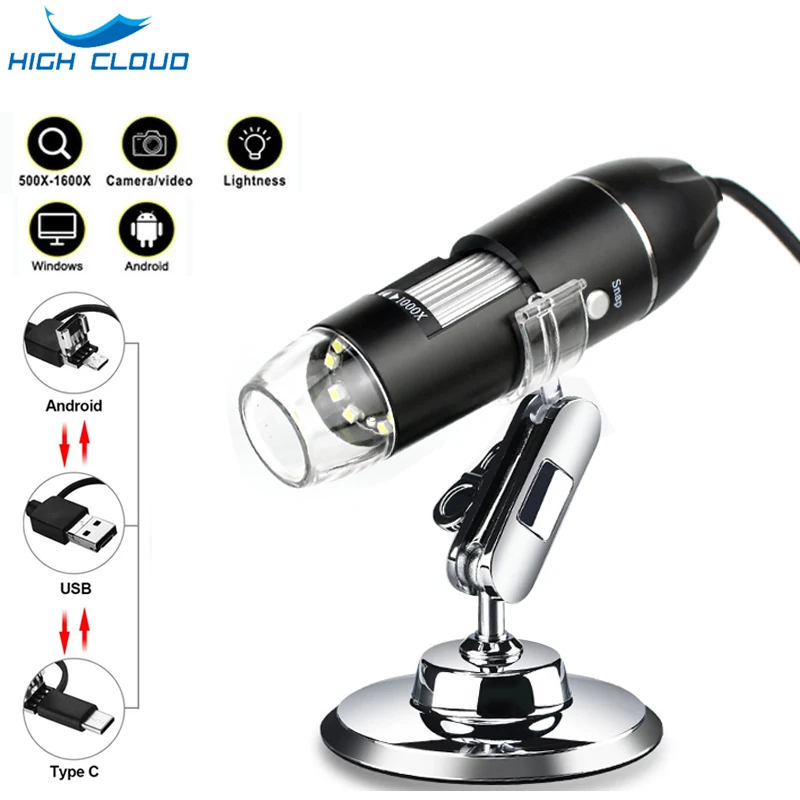 Adjustable 1600X 3 in 1 USB Digital Microscope Type-C Electronic Microscope Camera For Solding 8 LED Zoom Magnifier Endoscope