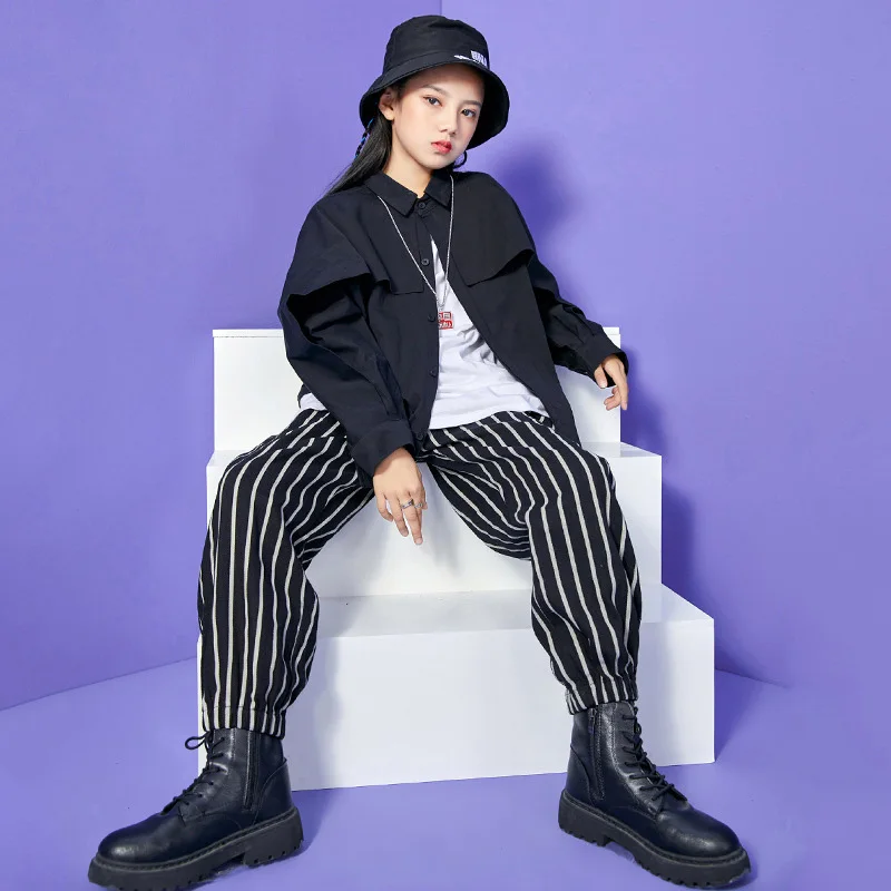 Kid Hip Hop Clothing Black Oversized Shirt Top Stripe Streetwear Jogger Harem Baggy Pants for Girl Boy Dance Costume Clothes