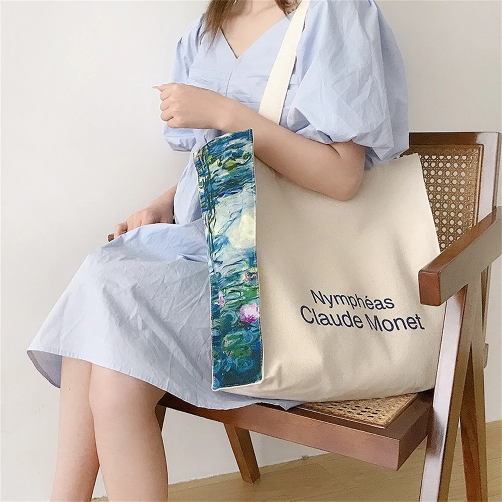 Oil Painting Canvas Shopping Bag Shoulder Bags for Women Leisure Handbag Lunch Eco Bag Large Capacity Student School Tote Bag