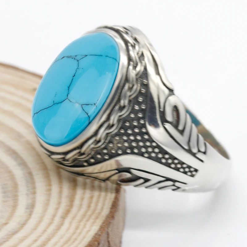 Hot Sale 925 Sterling Silver Ring Vintage Antique Natural Stone Ring Men\'s Punk Style Turquoise Ring High Jewelry Wedding Gift