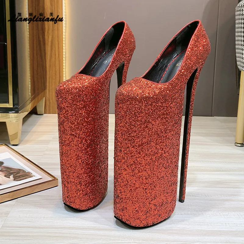 

Crossdresser female RED Bling Stiletto zapatos mujer Sexy SM 30cm Thin High Heels women shoes Gold Sliver Ladies wedding pumps