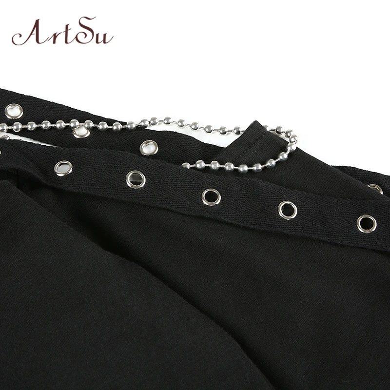 ArtSu Punk Chain Off spalla T Shirt donna manica lunga Sexy felpa Casual Solid Crop Top vestiti autunnali ASTS60491