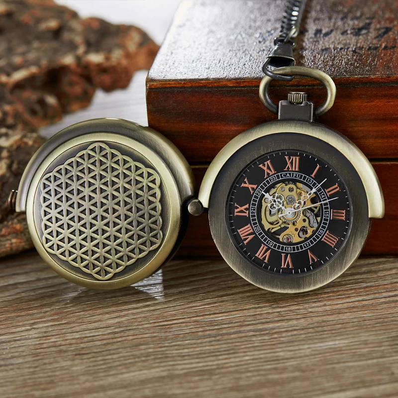 Antique Retro Hollow Cover Double Turntable Capping Hand-Winding Mechanical Pocket Fob Watch Men Steampunk Bronze 30Cm Chain