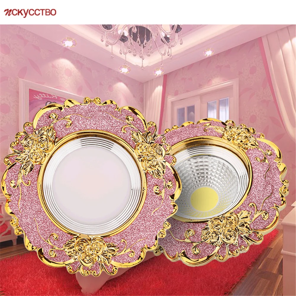 European Pink Resin Golden Lace Led Ceiling Lamp 5W 7W Indoor Home Decor Living Room Aisle Girls Recessed Spotlights 110V 220V