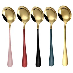 Stainless Steel Spoon Round Head Shape Dessert Ice Cream Soup Spoon Long Handle Golden Coffee Mixing Spoon Tableware Supplies