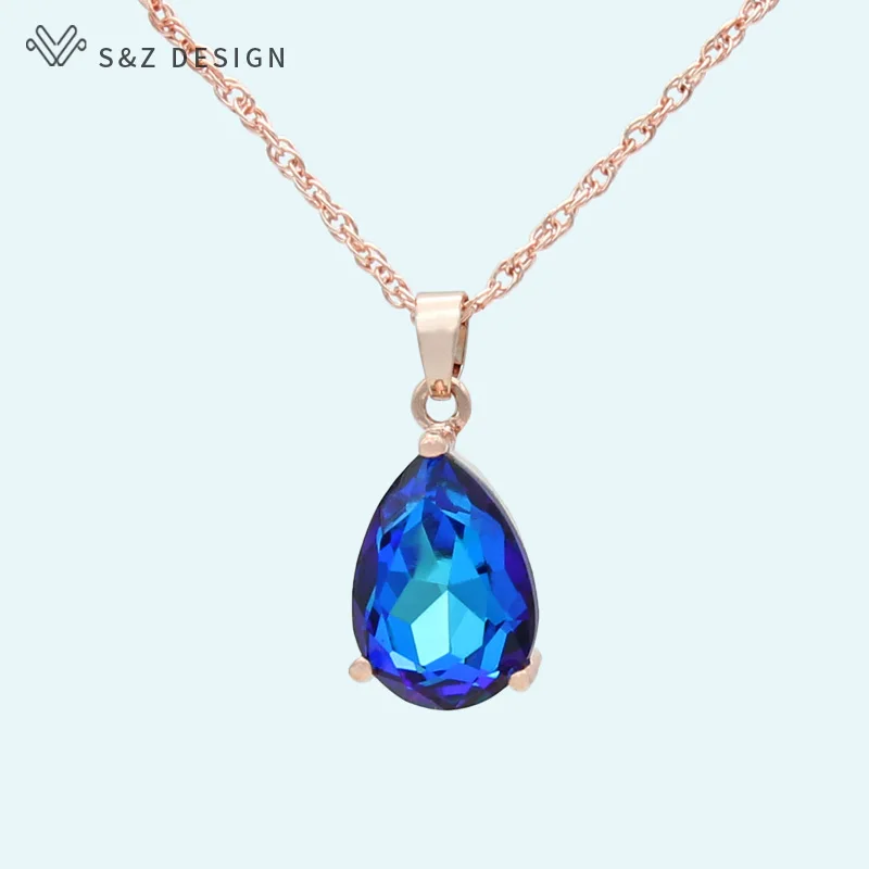 S&Z DESIGN New Fashion Water Drop Crystal Pendant Necklace For Women Wedding Party Fashion 585 Rose Gold Color Jewelry