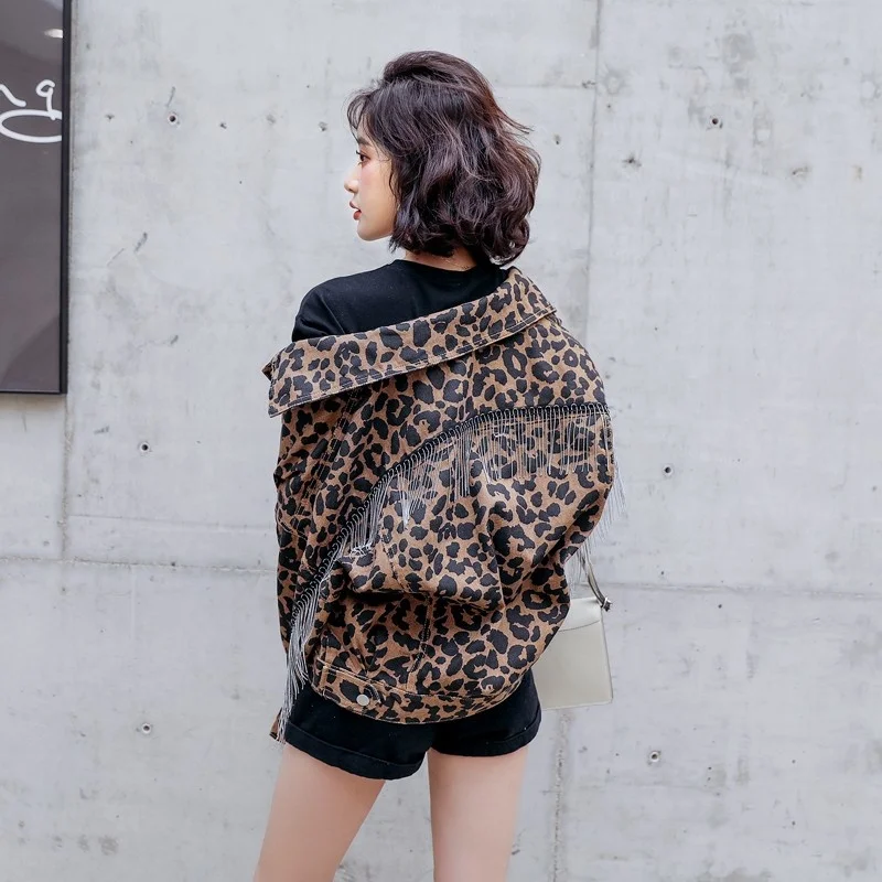 Fashion New High Street Womens Leopard Chain Tassel Loose Jackets Long Batwing Sleeve Boy Friend Style Casual Female Short Coats