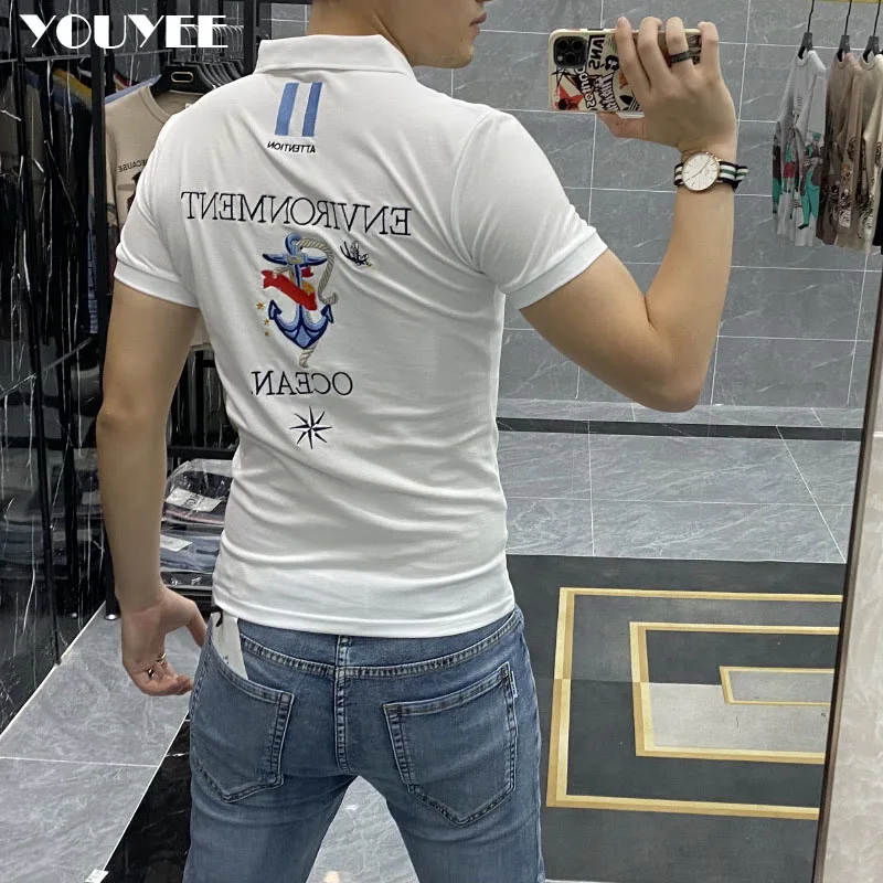 Polo T-shirt Male Letter Anchor Embroidered Slim Fit Fashion 2021 Summer New Casual Sweatshirts Lapel Tee Cotton Men’s Clothing