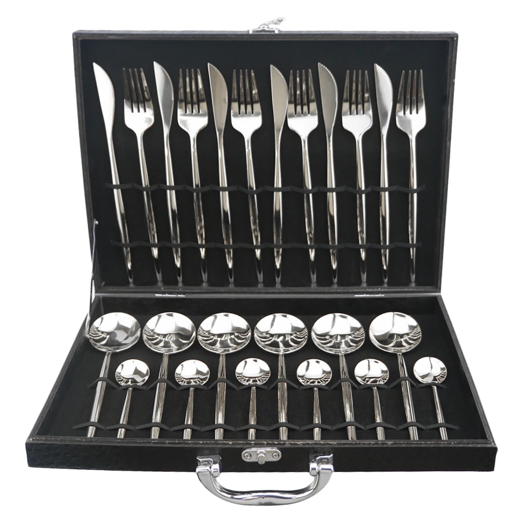 24 PCS Cutlery Set Wooden Box 18/10 Stainless Steel Mirror Dinner Silverware Set Tableware Spoon Flatware Dinnerware Gift Box