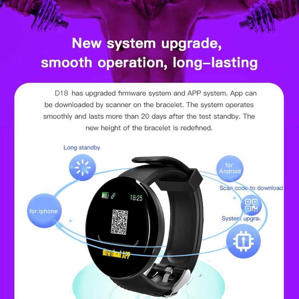 D18 Smart Watch Full Touch Clock Blood Pressure Heart Rate Monitor control Music Message Reminder Smartwatch Men and Women