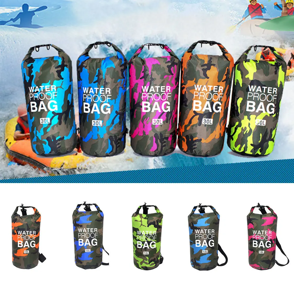 Tas kering tahan air PVC, ransel 5l 10l 20l 30l Camo luar ruangan menyelam dapat dilipat tas renang pantai sungai arung jeram