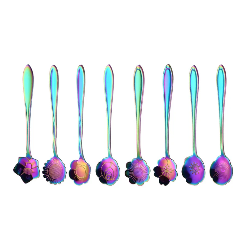 8/6Pcs Creative Coffee Spoon 304 Stainless Steel Rainbow Stirring Milk Teaspoon Dessert Ice Cream Spoon Tableware Flowers Design