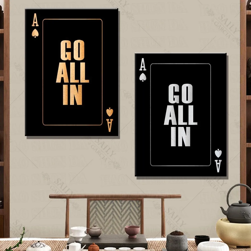 Go All In! Canvas Print Motivational Quote Art Posters Modern Ace Poker Wall Art Pictures for Living Room Office Decor Painting