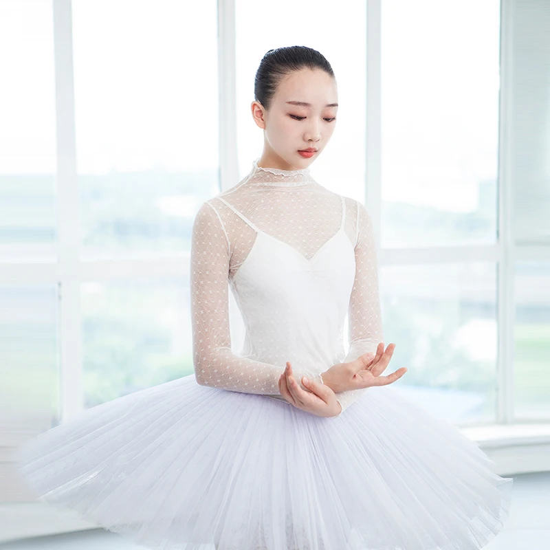 Women Ballet Tops Dance T shirt Adult Crop Tops Long Sleeve Dance Clothes Ballerina Turtleneck Shirt White Dot Mesh Leotard Top