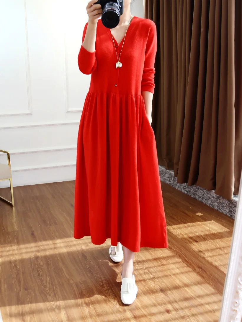 2021 Autumn And Winter New V-Neck100% Wool  dress female Temperament Long Paragraph OverThe Knee Big Dress Long Girl Clothes