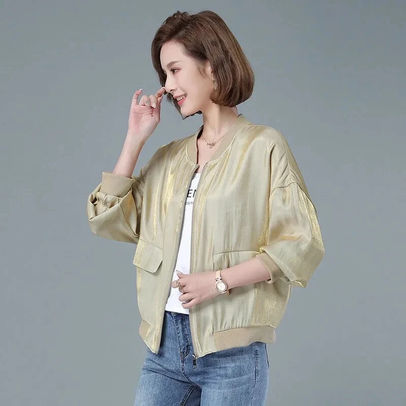 Shiny Short Jacket For Women Spring Autumn Fashion Loose Baseball Jacket Plus Size Female Thin Casual Cropped Coat Trend Outwear