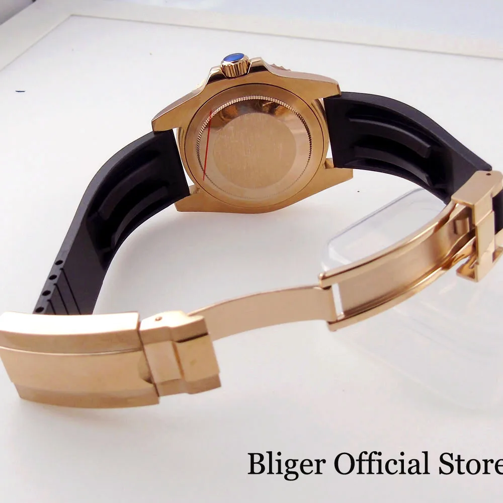 BLIGER  NH36A WEEKDAY Date Rose Gold Coated Selfwinding Men Watch Flat Sapphire Glass Rubber Band  Black Insert