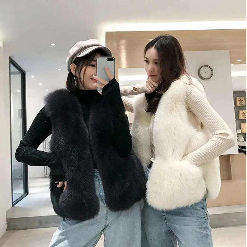 Autumn Winter Solid Imitation Fox Fur Vests Korean Sexy Sleeveless Pocket Cardigan Jackets New Slim 4 Colors Streetwear Clothing