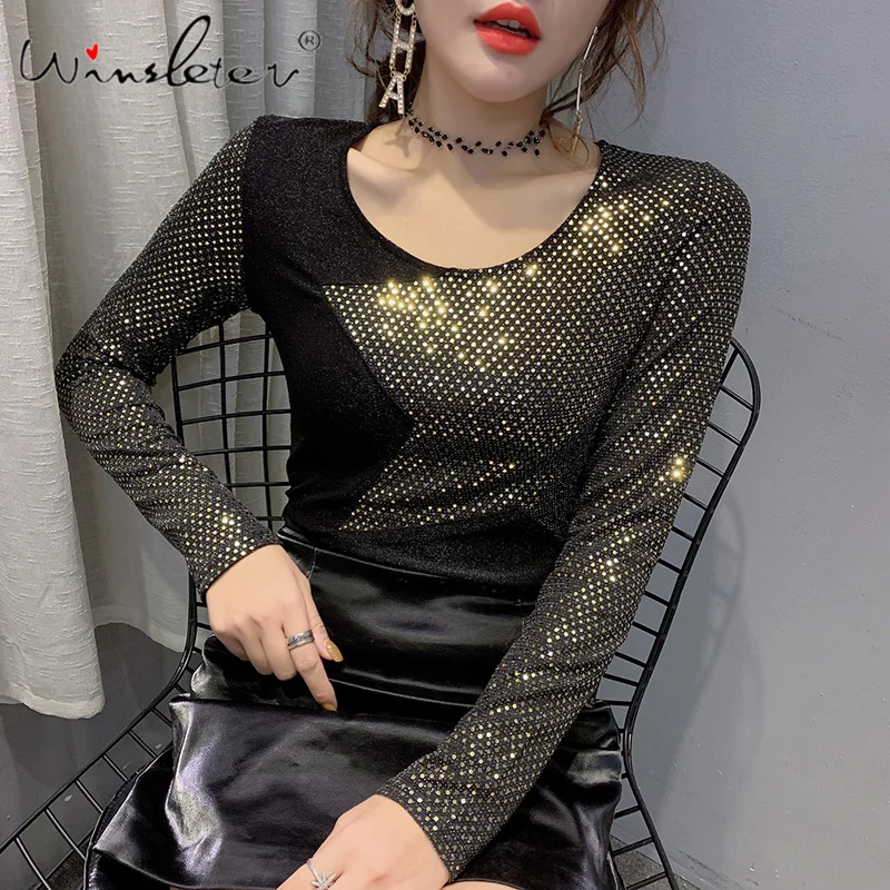 T-shirt Bling Bling lucido donna nuovo 2022 paillettes stella Patchwork maglie a manica lunga maglietta Casual in cotone primavera ropa mujer T02312B