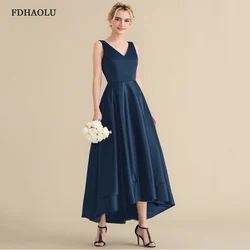 Customized Navy Blue Prom Dresses Long Ankle Length V-Neck Zipper Back Satin Evening Gowns Formal Party Dress Vestidos De Festa