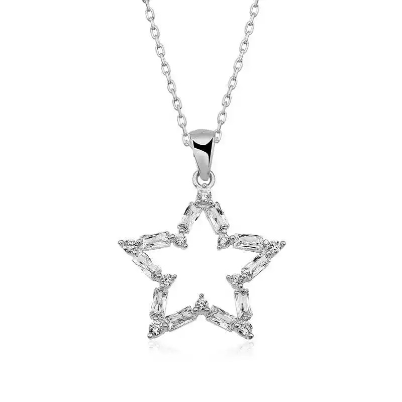 Silver Baguette Stone Star Necklace 925 Sterling Women Fine Jewelry Wedding Party Birthday Gift - Box - Pendant - Chain Choker - Female - Ladies - Fashion