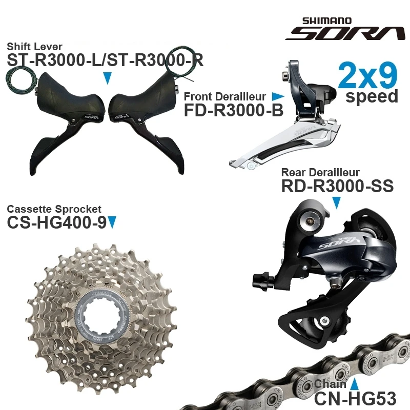 SHIMANO SORA R3000 2x9v Groupset with Shifter  Front Rear Derailleur Cassette Sprocket COG Chain -Road- 2x9-speed