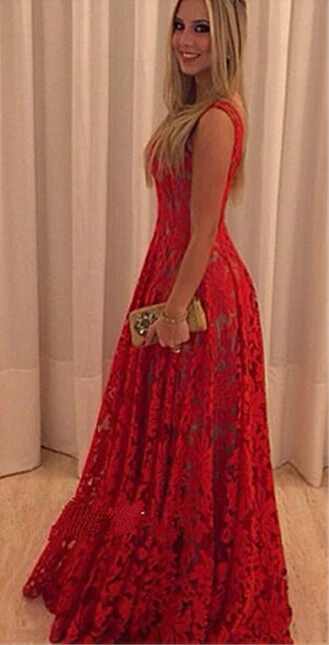 Vestido de noche de encaje rojo para baile de graduación, traje sexy sin mangas, largo y elegante para fiesta de quinceañera, 15 años