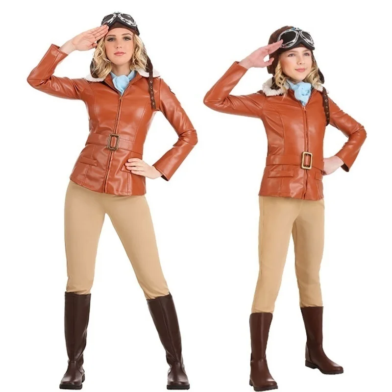 Retro Brown Leather Jacket Halloween Costume For Adult Women Air Force Pilot Aviation Uniform Kids Group Cosplay Hat