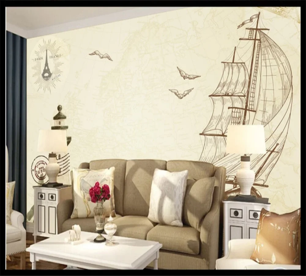 Kustom Wallpaper Mural 3D-8D Penutup Dinding Retro Nostalgia Perahu Layar Mercusuar Sofa Latar Belakang Dinding Dekorasi Lukisan